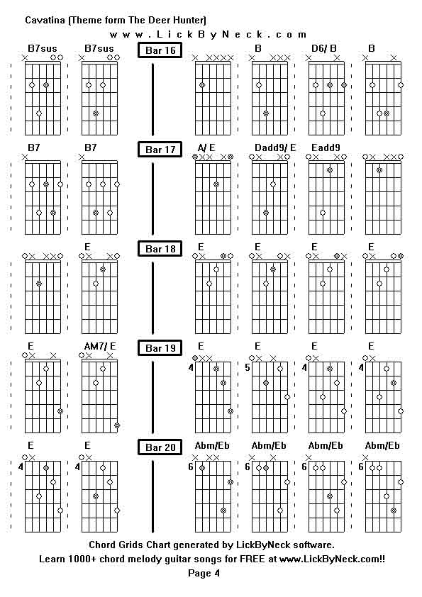 Chord Grids Chart of chord melody fingerstyle guitar song-Cavatina (Theme form The Deer Hunter),generated by LickByNeck software.